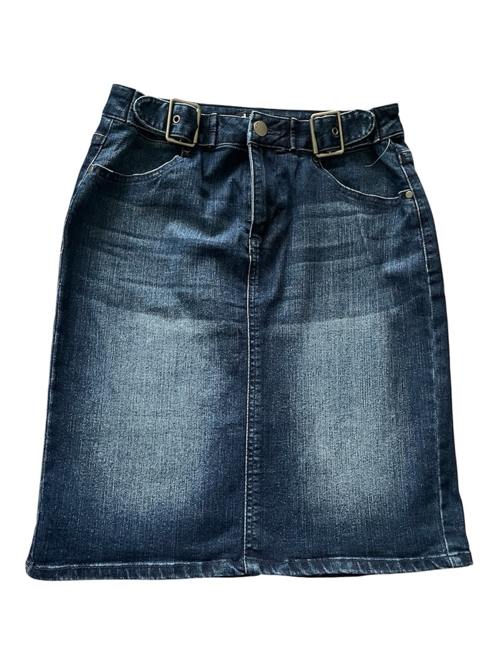 Dark Blue Denim Pencil Skirt with Belt Details